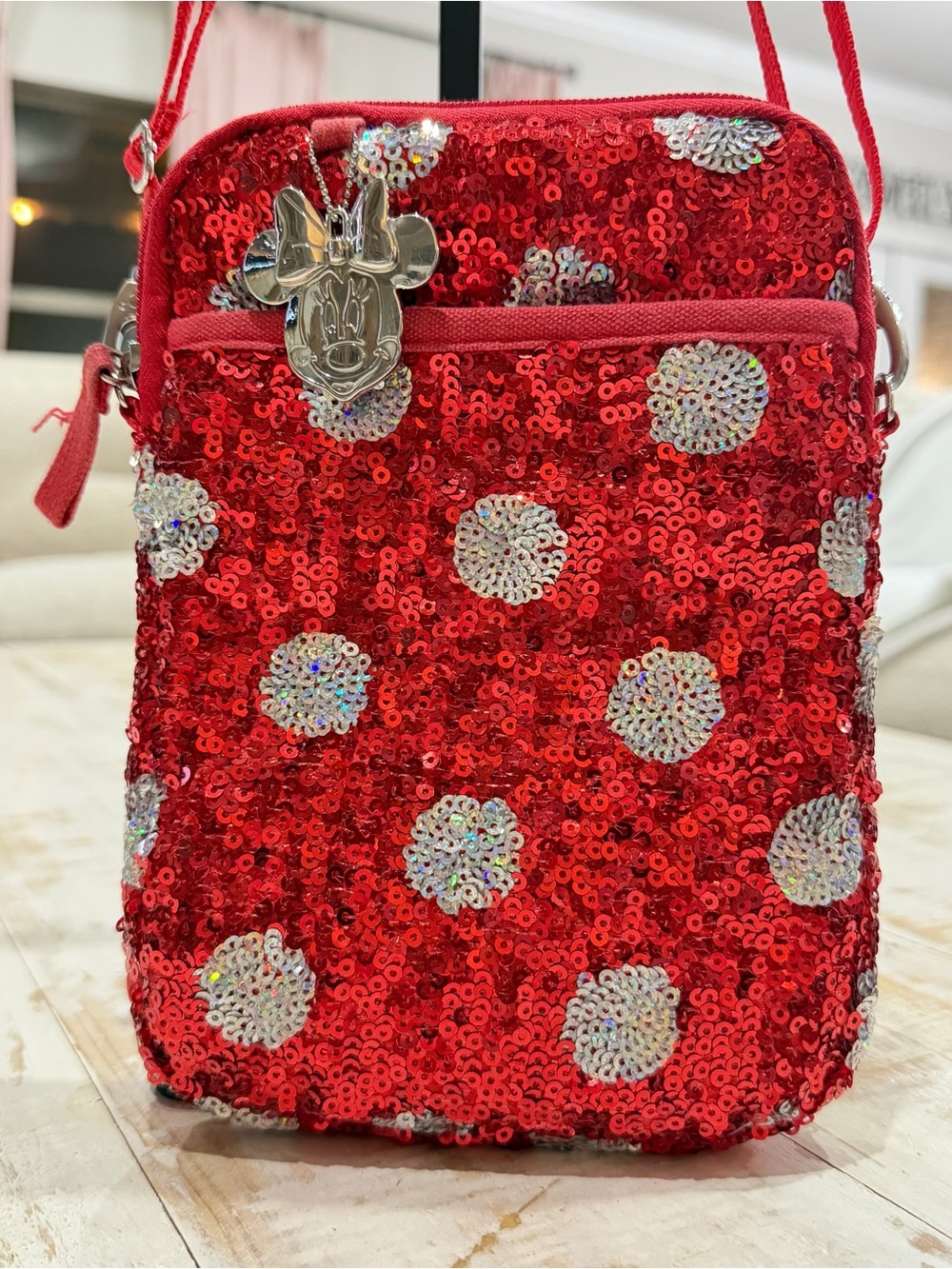 Disney Parks Red Sequins Polka Dot Crossbody Bag Red and White Minnie Mouse - Picture 8 of 14